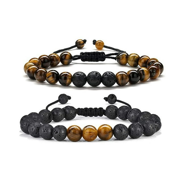Pulsera para hombre con ojo de tigre, pulseras de ansiedad para hombre con piedra de roca de lava de 8 mm, pulseras ajustables para aliviar el estrés, pulsera de lava con difusor de aceites esenciales para aromaterapia, regalos para hombres, 2 piezas ER