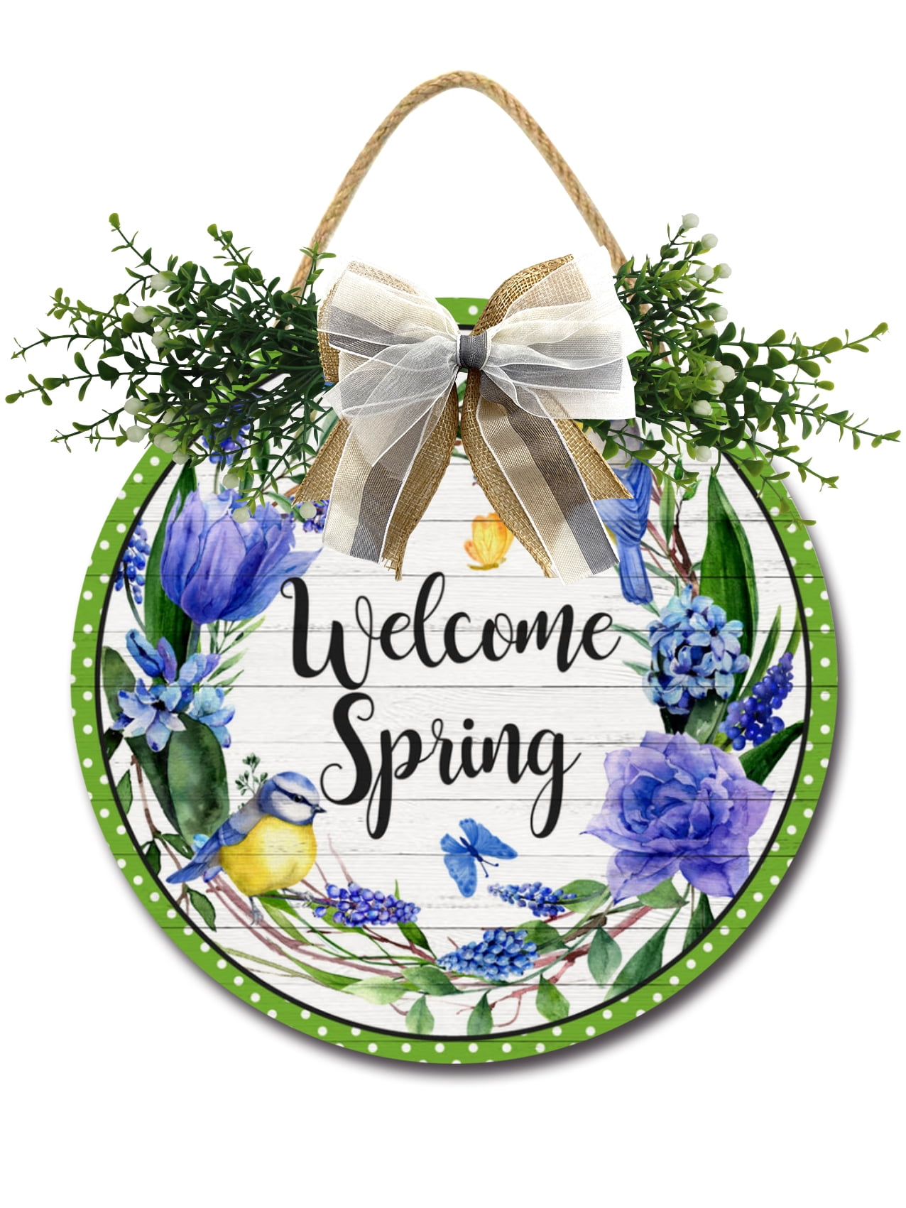 Welcome Spring Door Sign Home Decor Round Wood Wreaths Wall Hanging ...