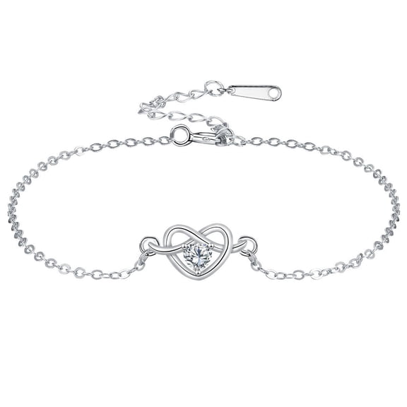 Infinity Heart Bracelet 925 Sterling Silver with Round Cut Zircon Adjustable Chain Love Symbol Jewelry Gift