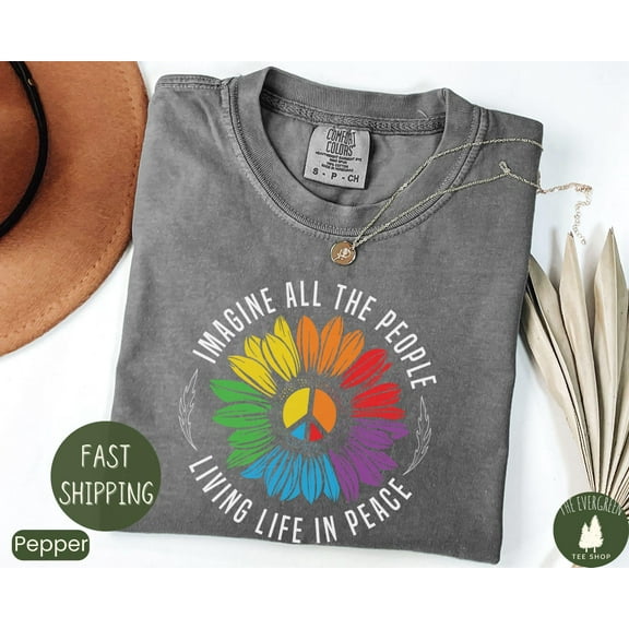 Velto Imagine Peace T-shirt, Floral Daisy Graphic with Boho Hippie Style, Positive Vibes Outfit, Inspirational Quote Apparel for Everyday Wear, Full Size S-5XL