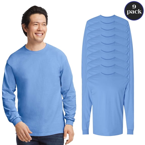 Gildan Ultra Cotton Long Sleeve T-Shirt for Men, Durable Ribbed Collar Carolina Blue Tee, 9 Pack, S