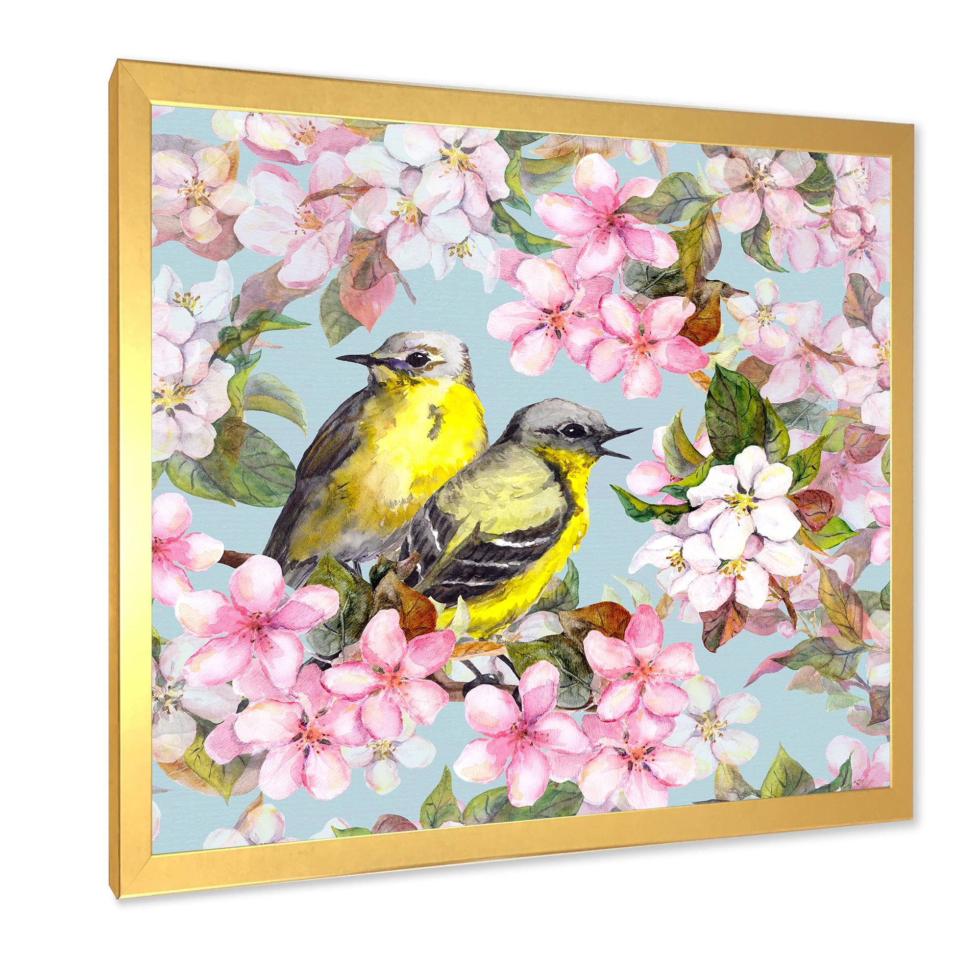 Designart 'Birds On Pink Cherry Sakura and Apple Flowers II' Traditional Framed Art Print