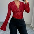 thumbnail image 2 of VerPetridure Women's Lace Blouse Flared Sleeve Deep V-Neck Lace Floral See Through Slim Fit Mesh Sheer Crop Tops Clubwear, 2 of 7