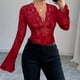 thumbnail image 2 of Tops de verano para mujer,Blusa de malla de encaje con escote en V para mujer, túnica con mangas acampanadas, poliéster, informal y cómoda, para uso diario, sopatenor, 2 of 9