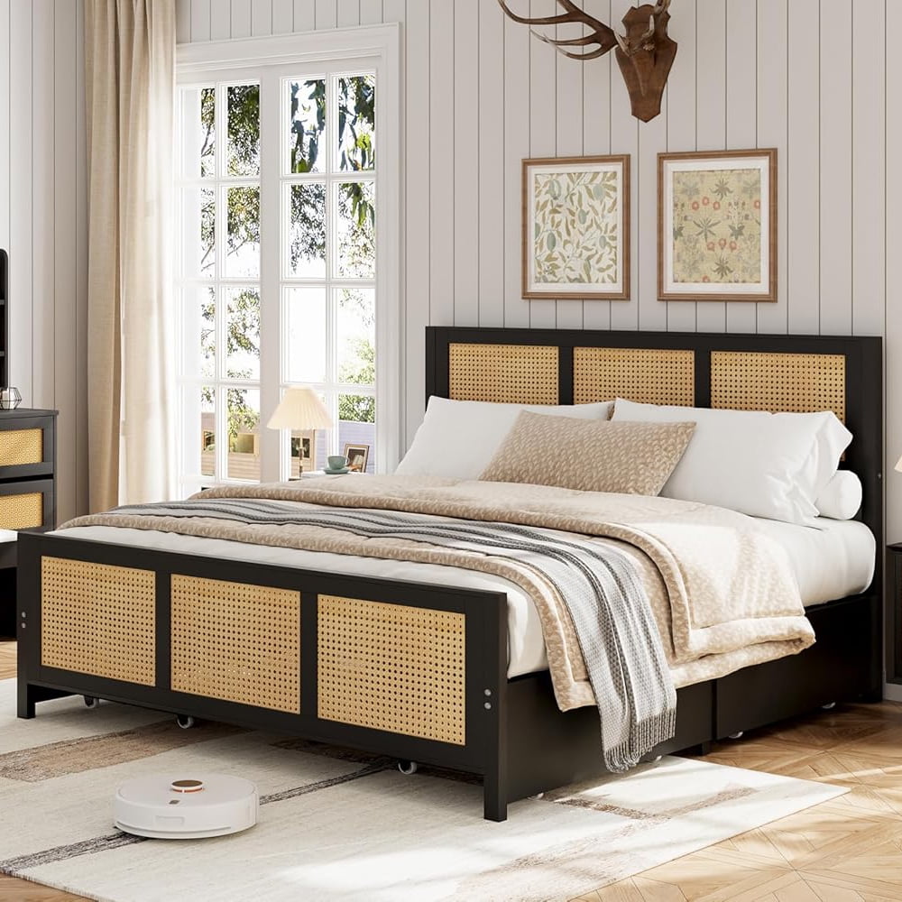 Tzou Rattan Bed Frame with Headboard & 4 Drawers - Boho Full Size Platform Bed, LED Lights, 800 lb Capacity, No Box Spring, Black