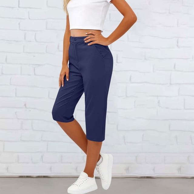 Capri Pants for Women Elastic High Waist Button Loose Fitting Golf Capris Summer Work Casual Slacks with Pockets