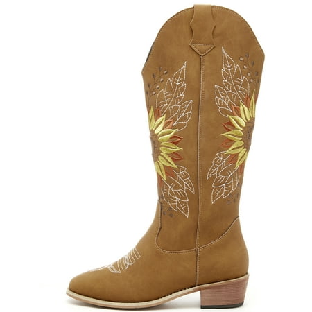 

Wazshop Ladies Booties Pointed Toe Mid Calf Boots Block Heel Cowboy Boot Fashionable High Top Women Sunflowers Retro Light Brown 5