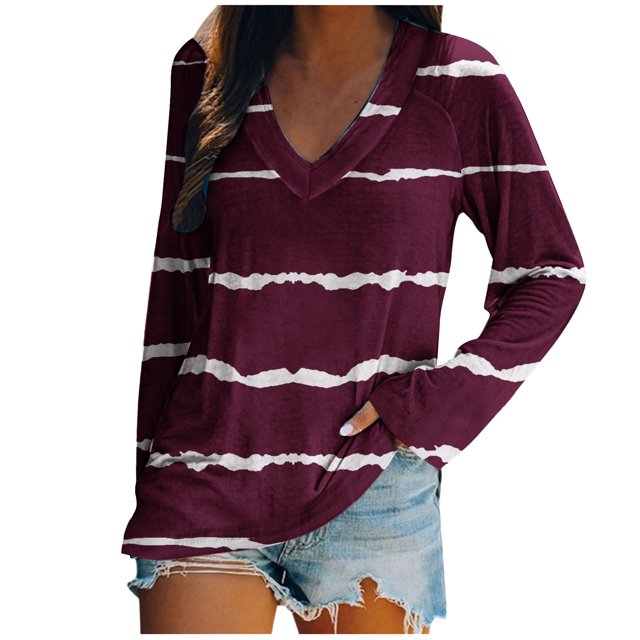 PEZHADA Hauts à Manches Longues pour Femmes Mode Décontractée Col en V Imprimé Blouse