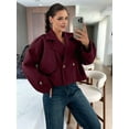 thumbnail image 5 of Women'S Cropped Trench Coat Double Breasted Lapel Collar Short Jacket Long Sleeve Fall Winter Outerwear Wine Red S, 5 of 7