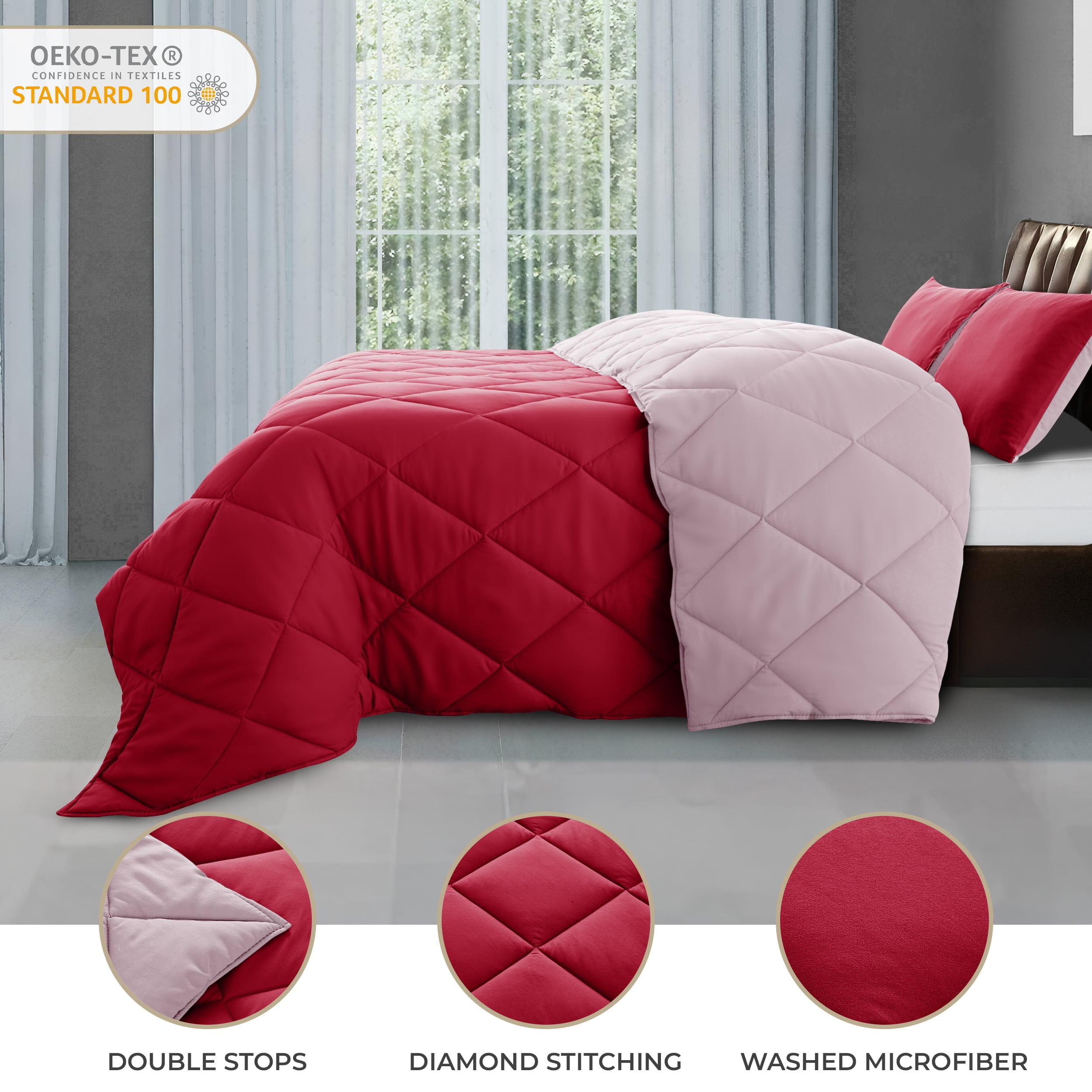 Lux Decor All-Season Comforter Sets Queen 3 PC, Reversible Bedding Set with Diamond Quilted Design Comforter and 2 Pillow Shams, Lightweight & Cozy Set de Cama Burgundy/Pink