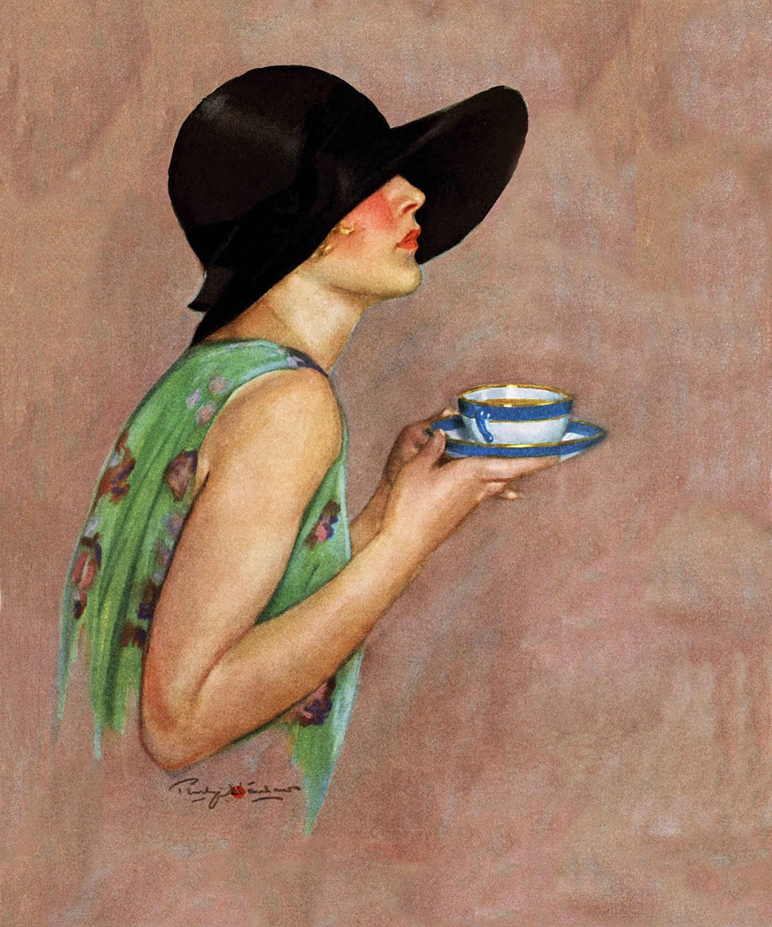 "Lady in Wide Brim Hat Holding Tea Cup" Painting Print on Canvas