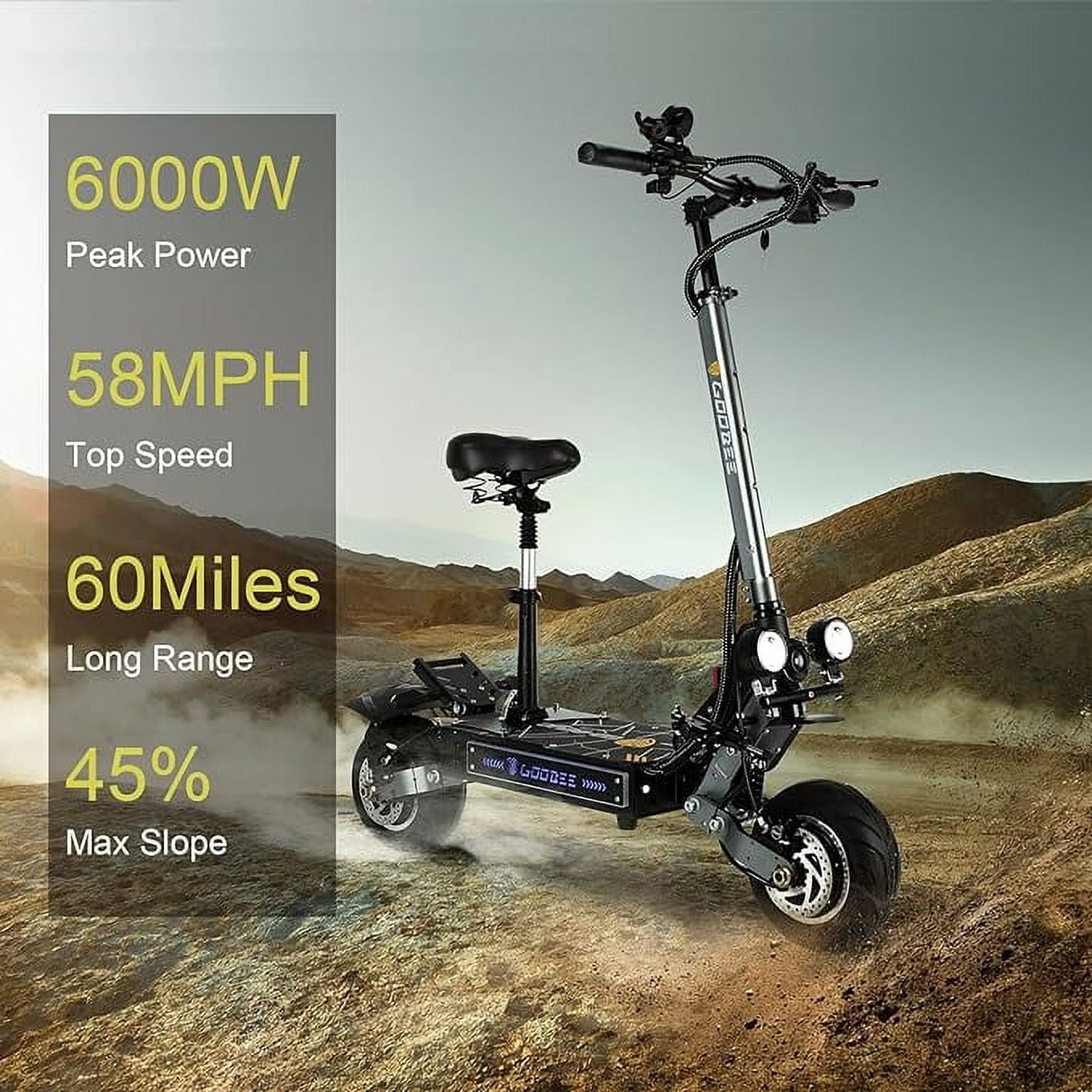 Goobee ZO01Pro Electric Scooter Adults Dual Motor 60V 6000W 58MPH Speed 60 Miles Long Range