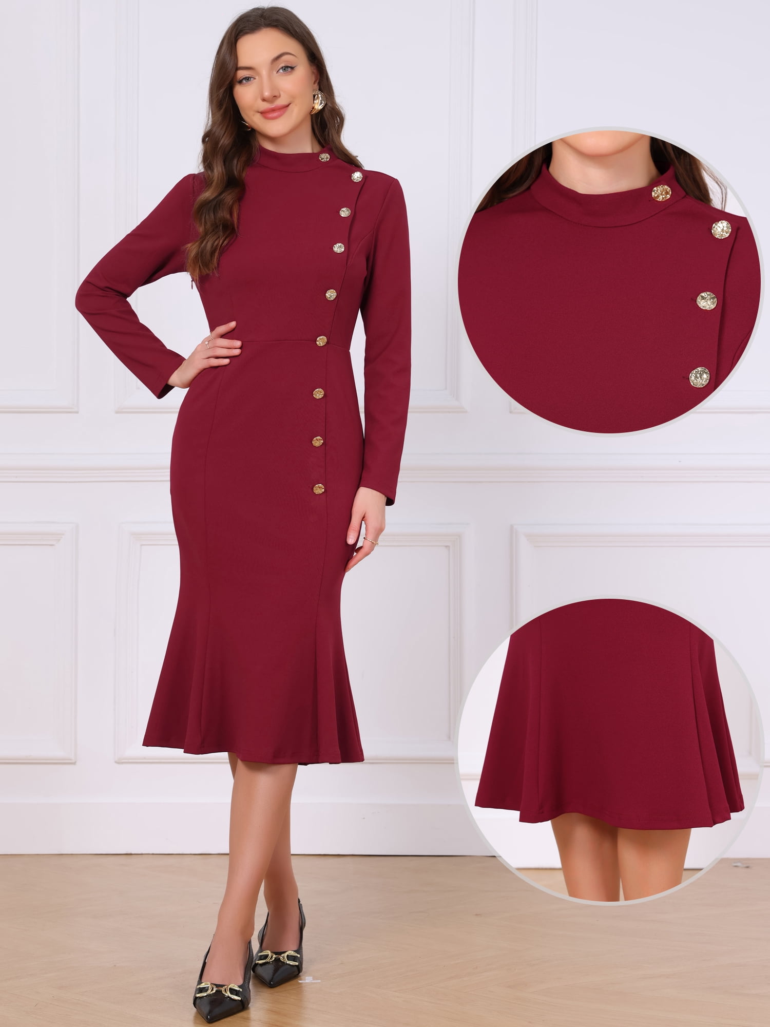 DARING DIVA Women's Midi Fishtail Dress Long Sleeve Stand Neck Work Dress M Wine Red