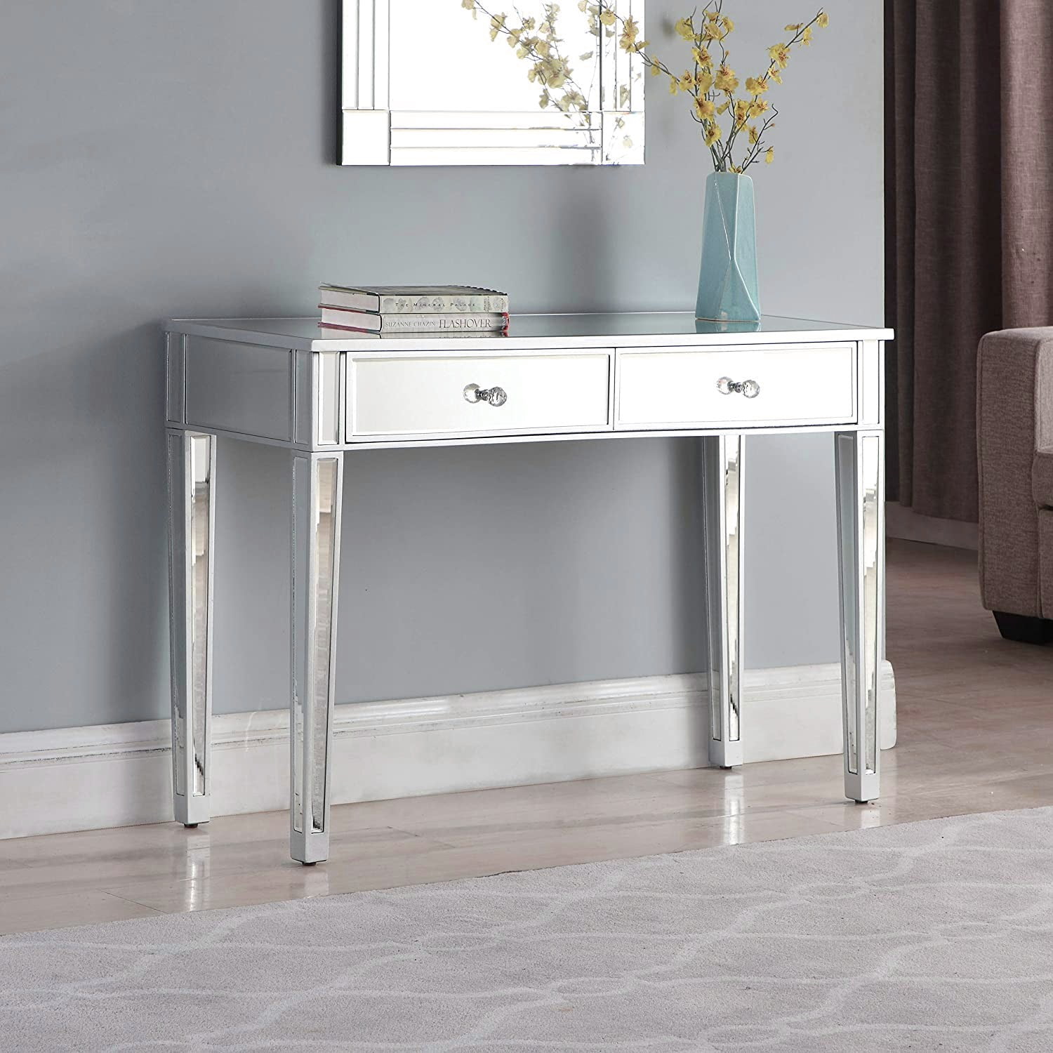 Ktaxon Mirrored Computer Desk,Writing Desk with 2 Drawers,Home Office Study Work Table Furniture,Mirrored Console Desk,Makeup Table,Silver