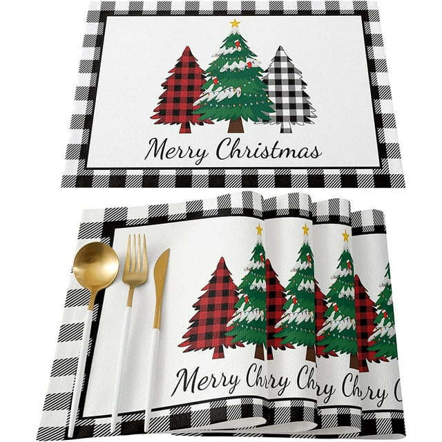 Christmas Tree Placemats Set of 4 for Dining Table Black White Buffalo