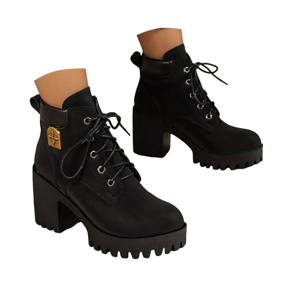 Mepaouo Women's Chunky Heel Ankle Boots Lace up Combat Short Booties Platform Motorcycle Dress Shoes