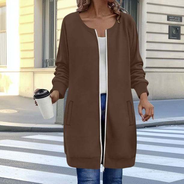 HongQid Women's Zip Up Hoodies Long Sleeve Long Tunic Sweatshirts Oversized Fleece Casual Fall Jacket Coat with Pocket