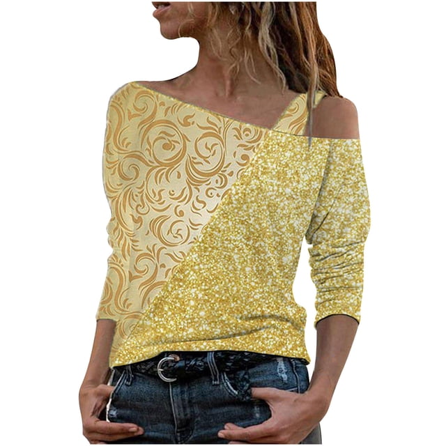 Camiseta de manga larga con lentejuelas y hombros descubiertos holgados con estampado de leopardo a la moda para mujer Fridja hkj2858