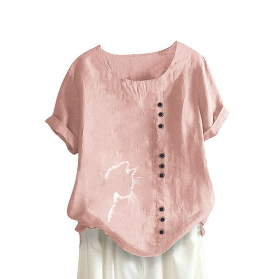 Pfysire Women Loose Short Sleeve Blouse Tops Buttons Casual T-Shirt #1 Pink 5XL