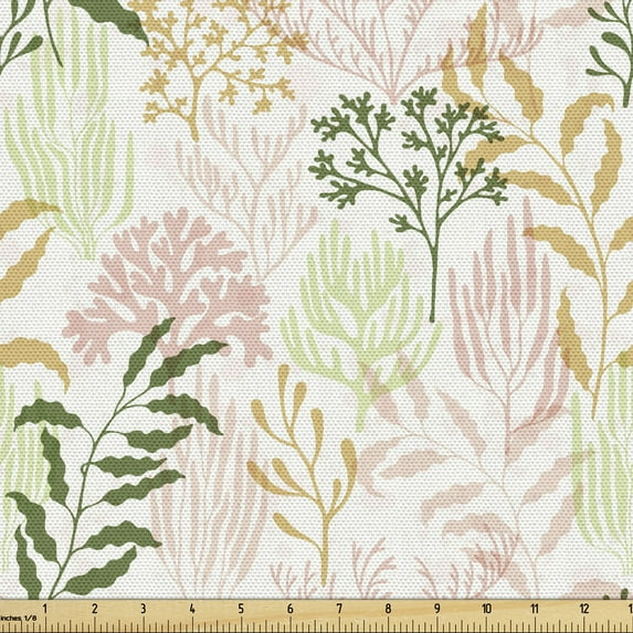Botanical Sofa Upholstery Fabric by the Yard, Soft Pastel Colored Sea Ocean Marine Nautical Plants Seaweeds Composition, Decorative Fabric for DIY and Home Accents, White Multicolor by Ambesonne