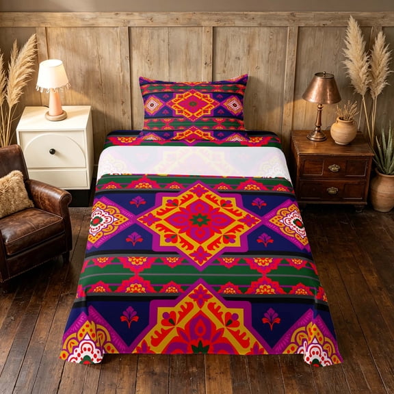 Manfei Vintage Floral Twin Sheets, Retro Aztec Bedding, Magenta and Yellow, Black Reversible 3 Pieces1 Flat Sheet 1 Fitted Sheet 1 Pillowcase