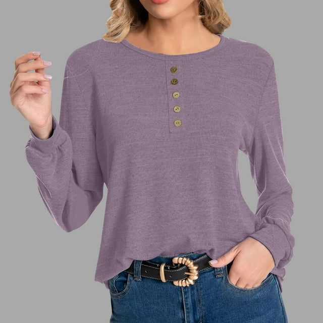 lcziwo Chandails à Col Rond pour Femmes, Couleur Unie, Manches Longues, Tunique Boutonnée, Automne Hiver, Chandail Décontracté Ample, Léger et Confortable, Chandail 2024, Hauts pour Femmes, Violet, P