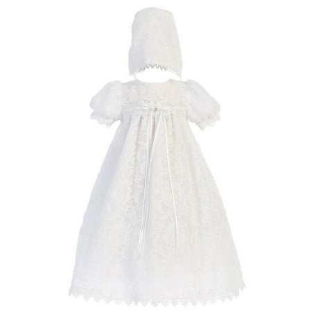- Baby Girls White Vintage Lace Overall Dress Bonnet Christening Set 0-3M