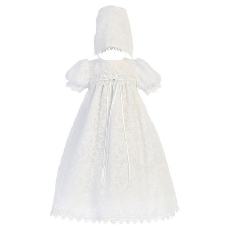 Baby Girls White Vintage Lace Overall Dress Bonnet Christening Set