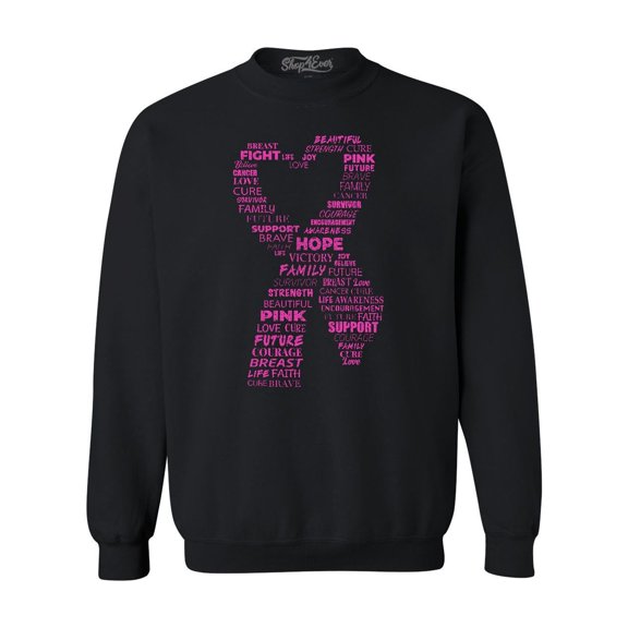 Shop4Ever Men's Pink Ribbon Heart Montage Word Cloud Breast Cancer Crewneck Sweatshirt X-Large Black