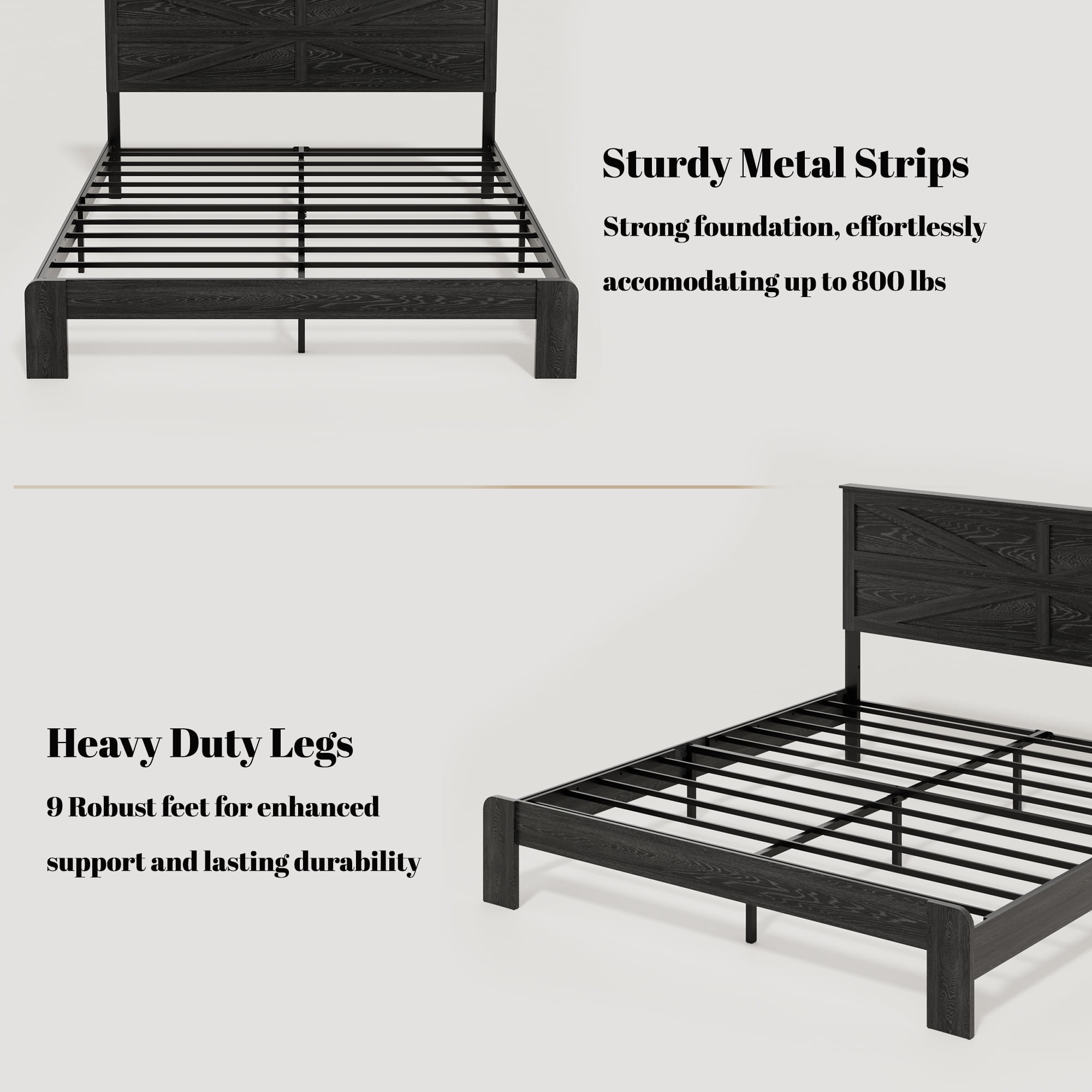 King Size Farmhouse Wooden Bed Frame with Headboard, Boho Platform Bedframe Sturdy Metal Slats Support, No Spring Mattress , Silent Operation, Easy Assembly (King, Black)