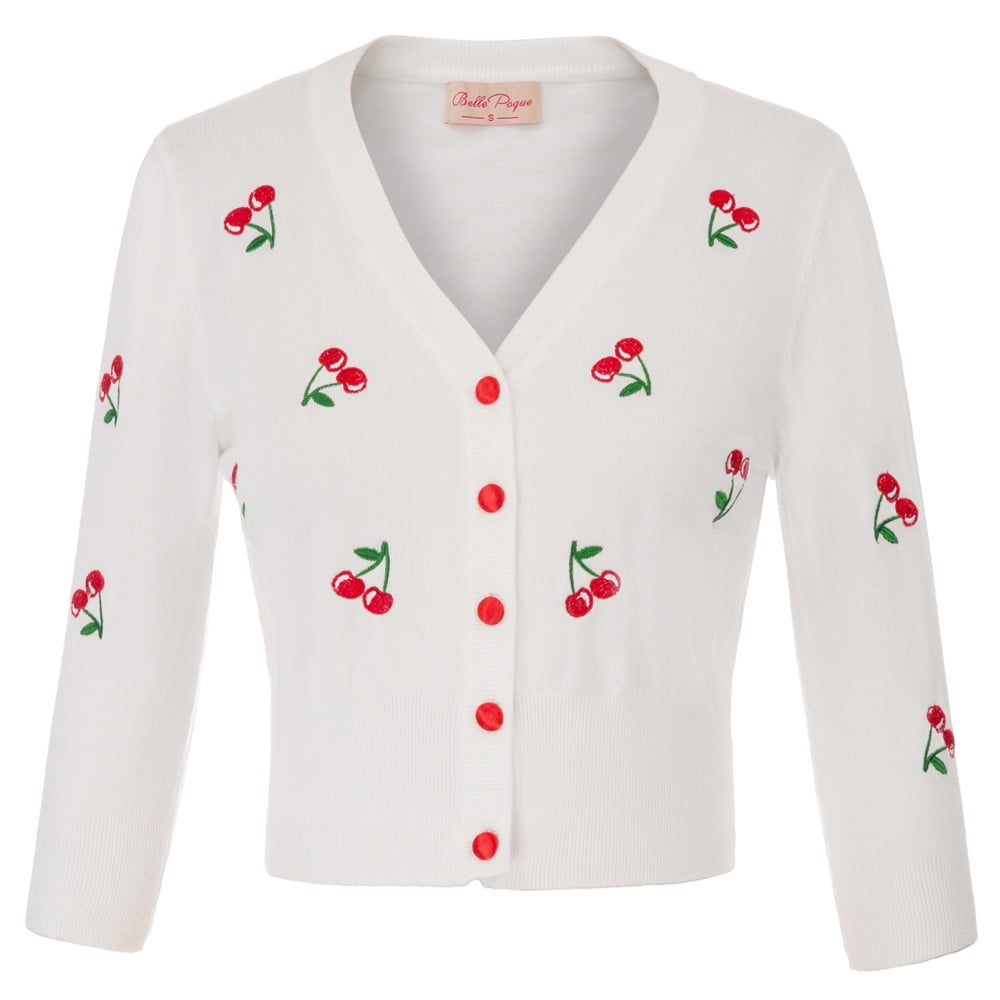 Belle Poque Women Vintage Floral Embroidery Cardigan Soft V Neck Knit Cardigan Sweater 