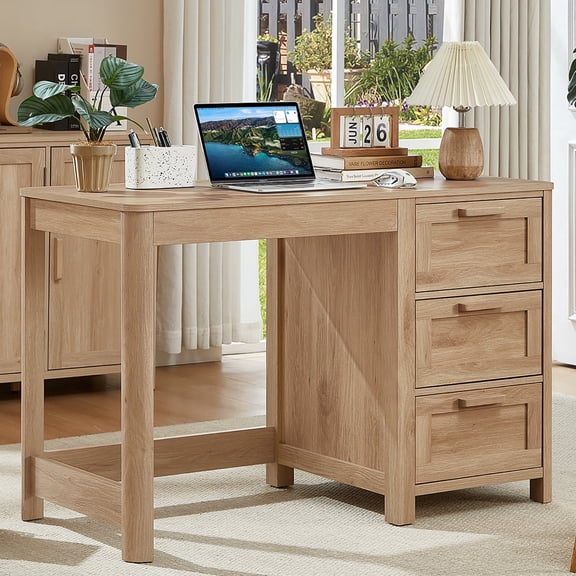 Leyaoyao Home Office Desk 48" Modern Computer Desk Small PC Table with Storage Cabinet, Compact Study Writing Desk for Bedroom, Natural Oak