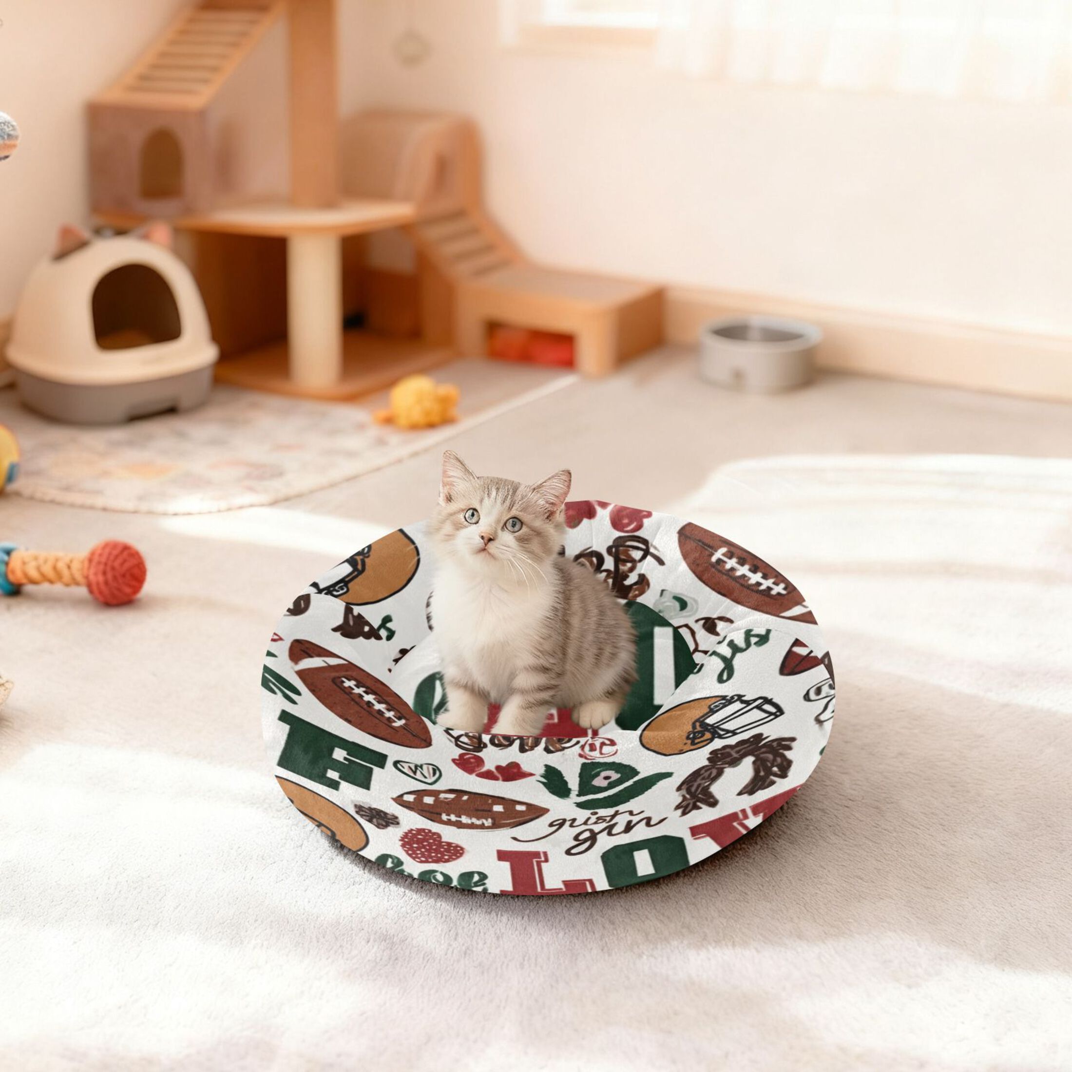 Iauyy Pet Couch Donut Cat Bed for Indoor Cats/Small Dogs Washable & Machine with Non-slip Bottom Calming Cat Furniture, Love Sports (M)