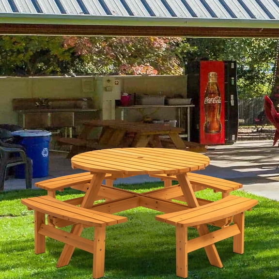 Thanaddo Natural Wood 8-Person Round Picnic Table 2200lb Capacity with 4 Attached Seats for Patio Garden Backyard, Yellow