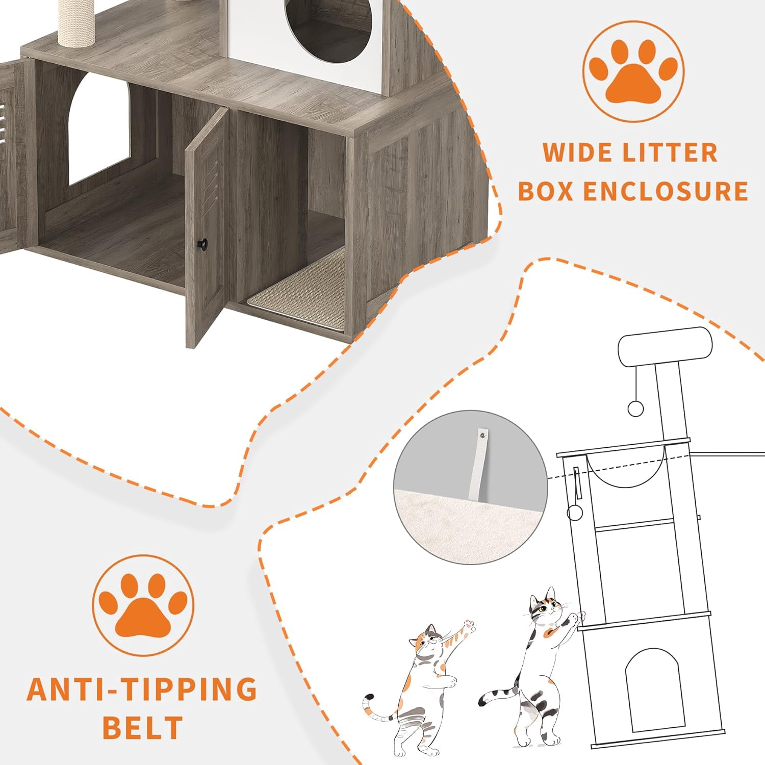 Large Cat Tree with Litter Box Enclosure,3-in-1 Cat Tower, Hidden Pet Washroom Litter Box Furniture,Wooden Multi-Level Cat Condo Furniture with Sisal Scratching Posts,Soft Plush Perch, Hammock
