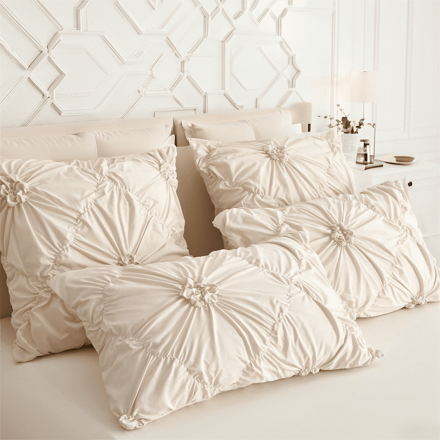 JOLUSERE Rustic French Style Beige Duvet Cover Sets King Size, Textured Flower Pinch Pleated Solid Luxury Bedding Sets