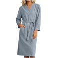 thumbnail image 5 of SHTXOZHI Womens V-Neck Robes Solid Color Long Bathrobe Long Sleeve Basic Homewear Loose Sleepwear with Pocket and Belt, 5 of 7