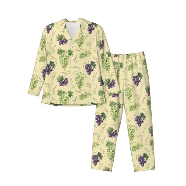 Fotbe Green And Purple Grapes Pijama de Hombre con Estampado de Manga Larga, Conjunto de 2 Piezas, Ropa de Dormir Suave y Cómoda con Bolsillos-Large