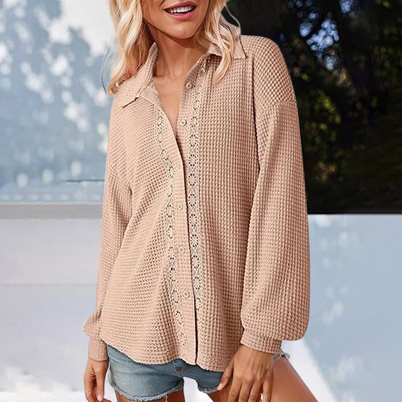 Women's Openwork Lapel Shirt, Long Sleeve Button Down Blouse, Breathable Loose Fit Top, Cutout Detail Casual Shirt, Woven Fabric Tunic Style Top Beige L