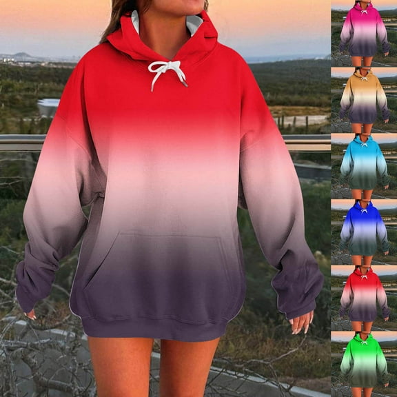 Dazajoo Womens Gradient Color Hoodie Long Sleeve Oversized Drawstring Sweatshirts with Kangaroo Pocket Casual Lightweight Athletic Pullover Tops,Blue,S