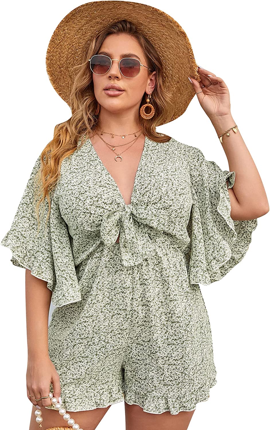 ZWQIANSDFDFF Women's Plus Size Rompers for Women Summer Disty Floral V Neck  Jumpsuits Shorts Casual Knot Front Romper - Walmart.com