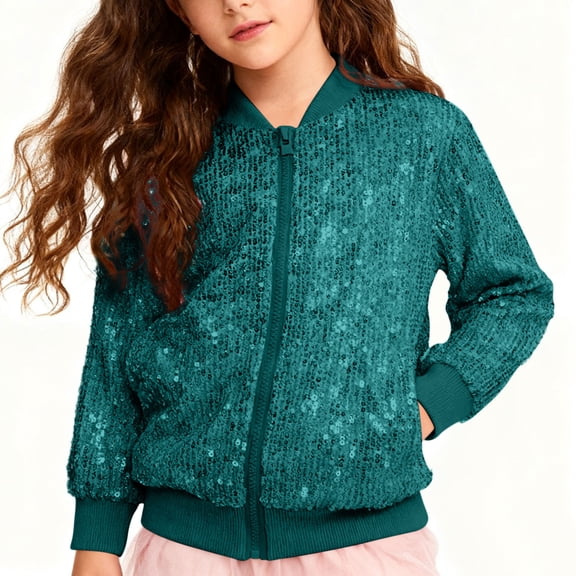 dazeni Girls Fashion Sequin Jackets Casual Long Sleeve Outwear with Pockets Lightweight Zip up Coat Army Green
