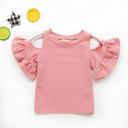 

RPVATI Baby Boys Girls Crewneck Solid Color T-Shirt Toddler Off Shoulder Ruffle Tees Shirt 6M-4Y