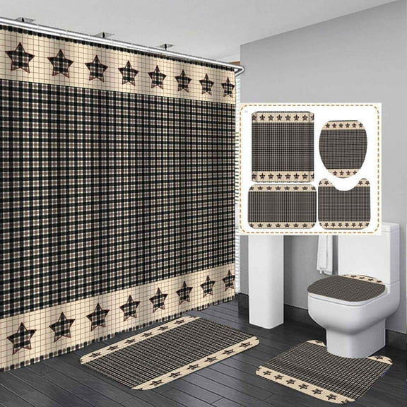 4PCS Valentine's Day Western Shower Curtain Sets with Rugs, Waterproof Fabric Shower Curtain, Grey Barn Door Romantic Red Rose Floral Heart Love Bear Country Rustic Farmhouse Bathroom Decor