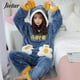 thumbnail image 2 of Jielur-Conjunto de Pijama cálido para mujer, camisa de manga larga + Pantalones, traje para casa con capucha, estampado de dibujos animados, Pijama grueso femenino, 2 of 5