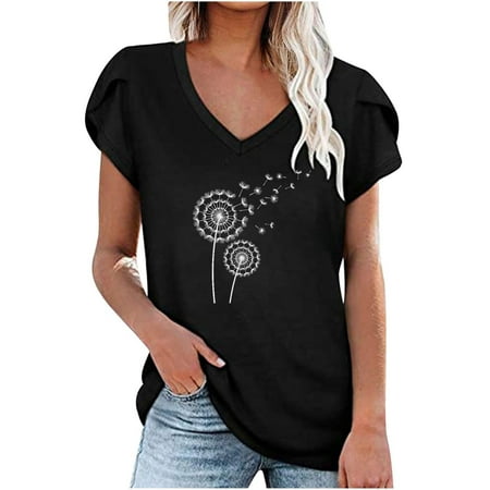 ZQGJB Womens Summer Casual T-Shirts Sexy V Neck Petal Short Sleeve Tops Clearance Cute Dandelion Print Tee Shirt Loose Comfy Tunic Blouse for Leggings Black L