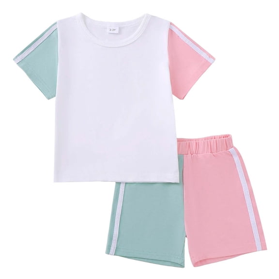 Kucnuzki 4T Toddler Girl Outtfit Set 5T Girls Summer Clothes Sets Short Sleeves T-shirt Top Color Block Shorts 2pcs Clothing White 4-5Y