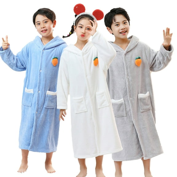 WOLLED 6-12Y Kids Boys Girls Flannel Robe Toddler Hooded Sleepwear Teen Rabbit Cape Bath Towel Bathrobe Thickened Soft Cute Coral Velvet Bath Towel