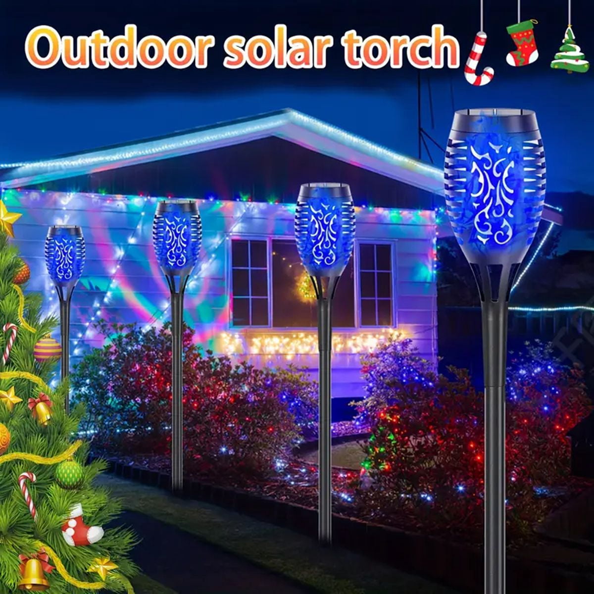Magicorange 12 Pack Outdoor Solar Lights Waterproof, Solar Torch Lights with Flickering Flame, Decorative Landscape Lamps for Garden Patio Yard Pathway Walkway, Christmas, Halloween (Blue Light)
