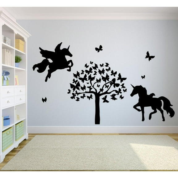 Flying Unicorn Butterfly Tree Unicorns Wings Wall Sticker Art Decal for Girls Boys Kids Room Bedroom Nursery Kindergarten House Fun Home Decor Stickers Wall Art Vinyl Decoration Size (27x30 inch)